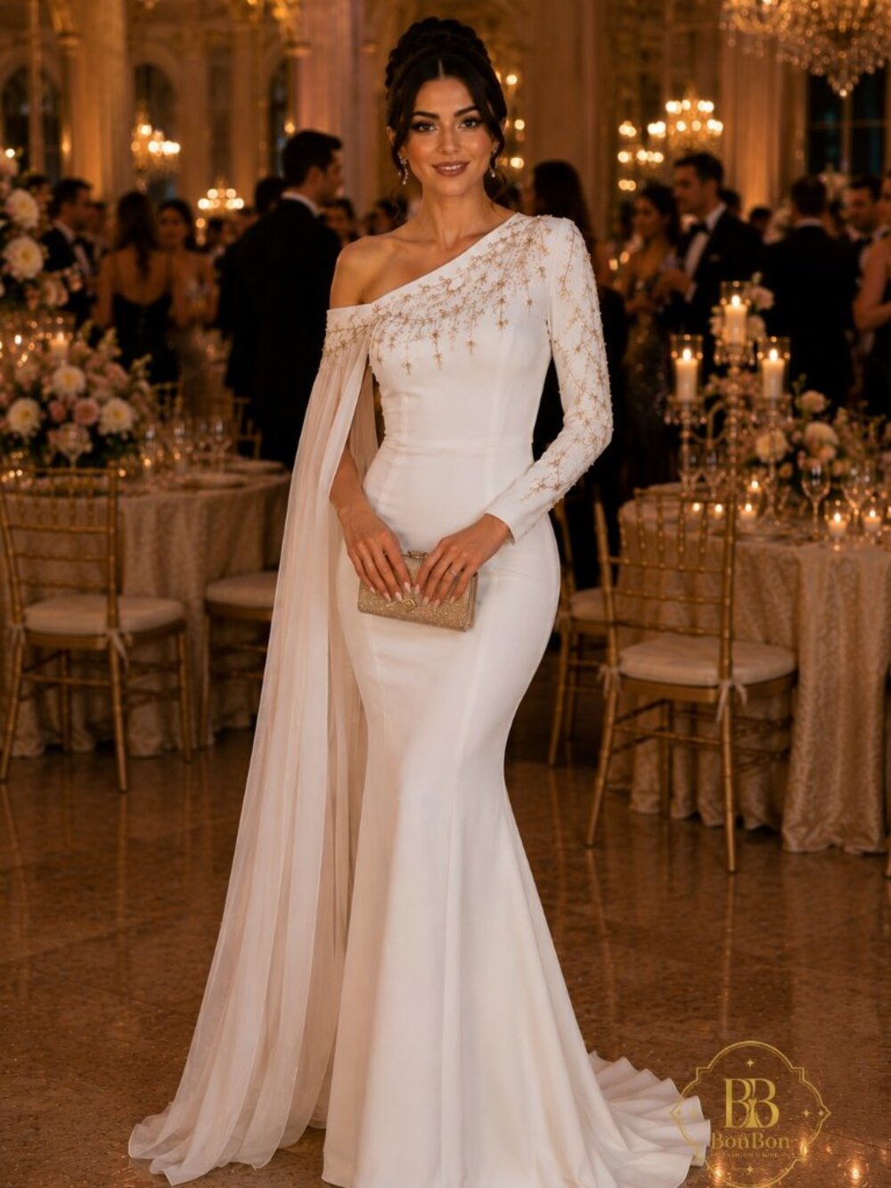 White One Shoulder Evening Gown | Elegant Cape Formal Wedding Guest Dress